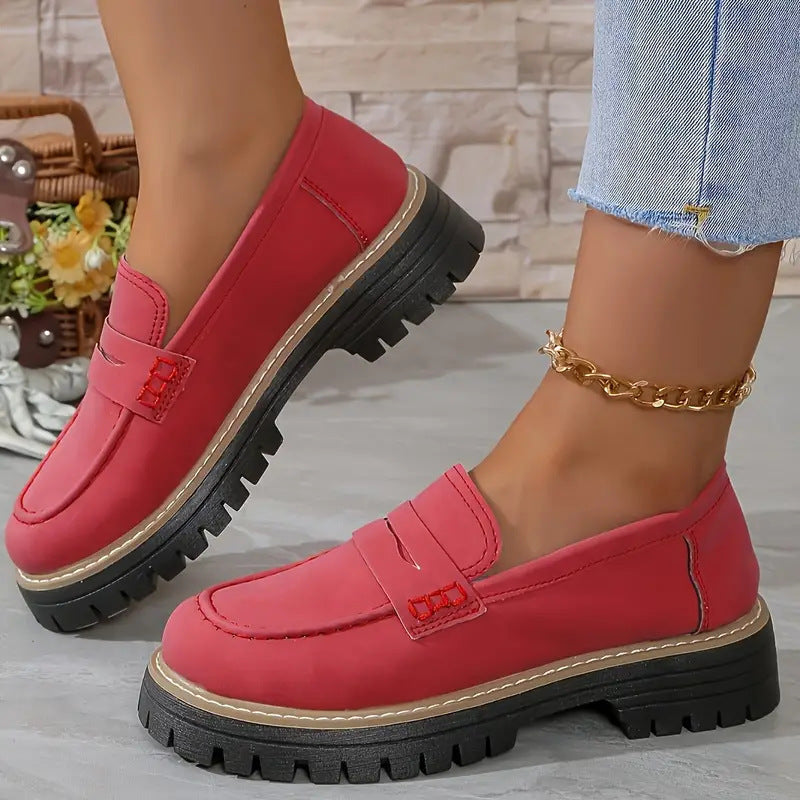 Women's Casual Retro Suede Loafers with Chunky Heel Platform